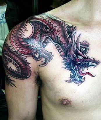 Chinese Dragon Pic Tattoo On Chest And Arm